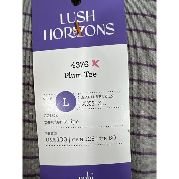 Cabi Shirt Womens Large Gray Plum Tee 4376 Pewter Stripe V Neck Long Sleeve NEW - Picture 4 of 9